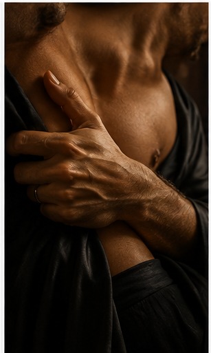 A torso in shadow wrapped in dark cloth, lit by low firelight