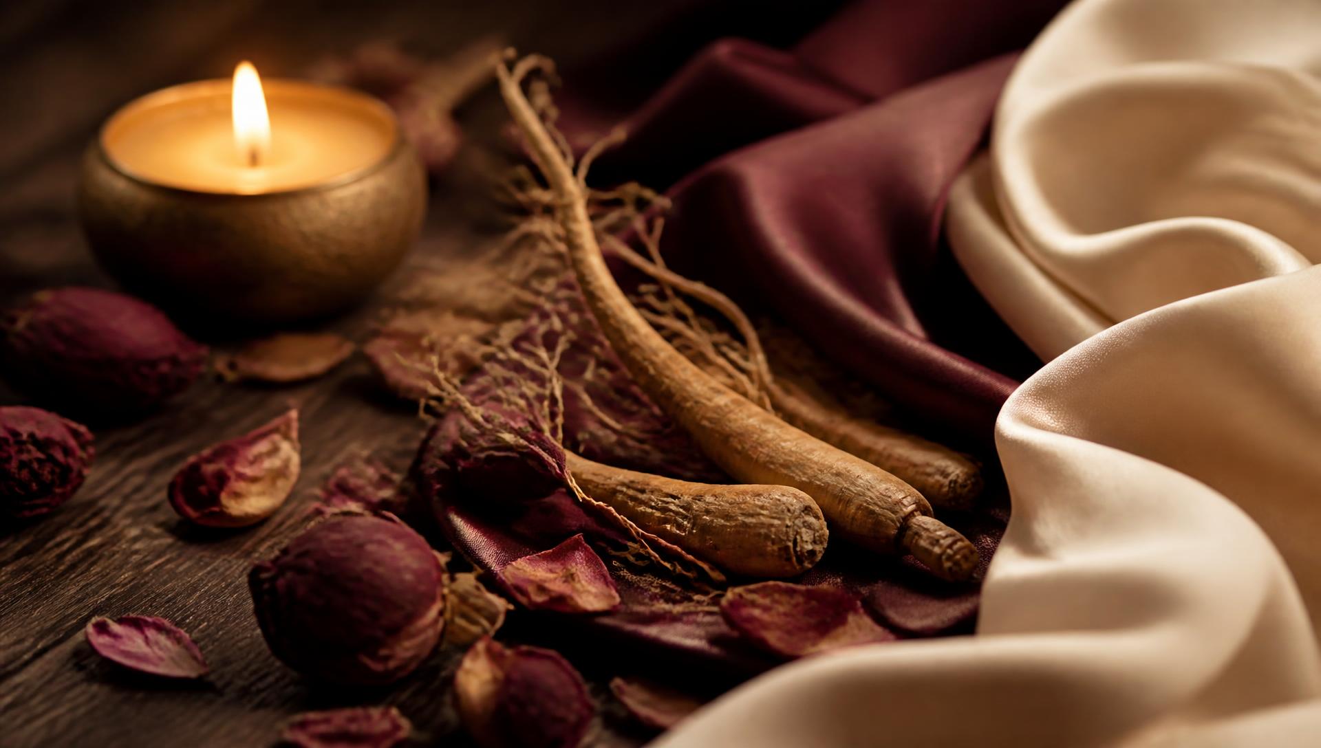 Ginseng root, dried rose petals and flowing silk in warm candlelight
