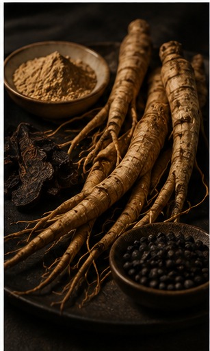 Ginseng roots and black pepper on a dark stone surface