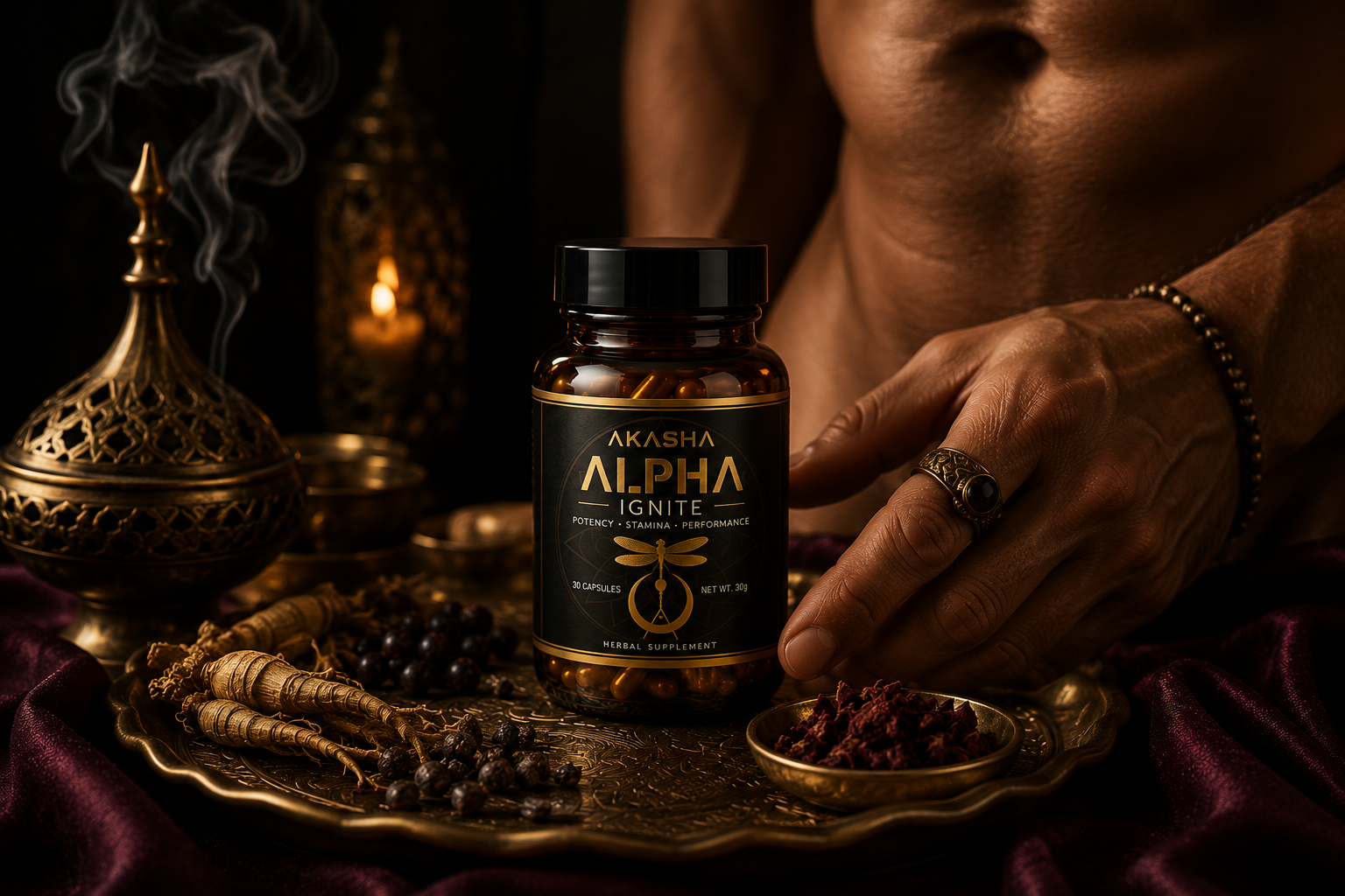 Akasha Alpha Ignite bottle with a hand reaching through dark stone and roots